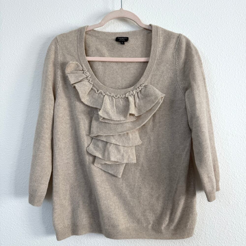 Talbots Cashmere Ruffle Sweater Beige Neutral Classic Feminine Soft Knit M‎